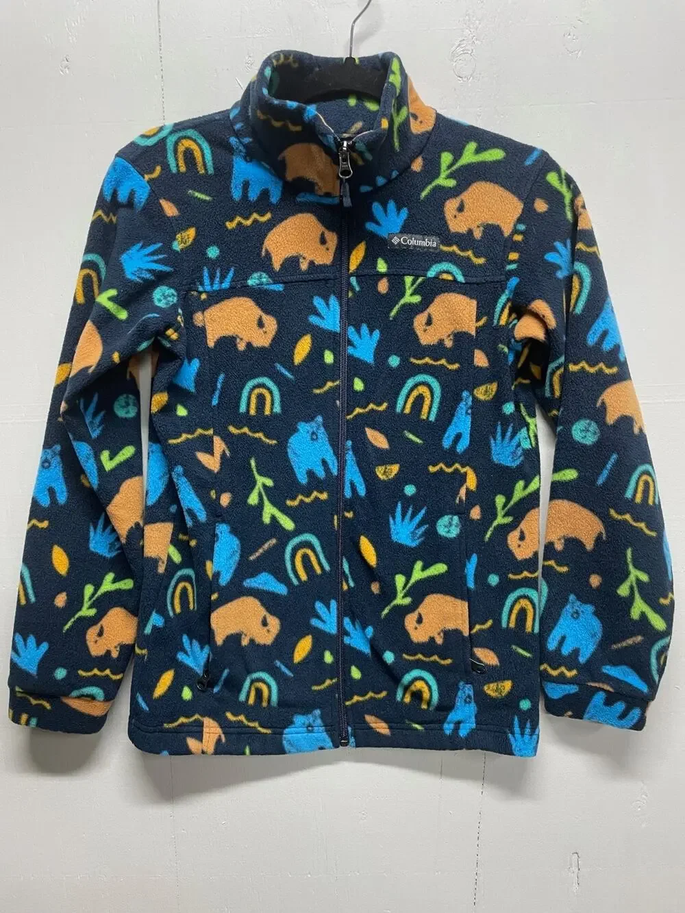 Columbia Youth Zip Up Fleece Jacket Size Large (14-16) Blue Bear Buffalo Symbols
